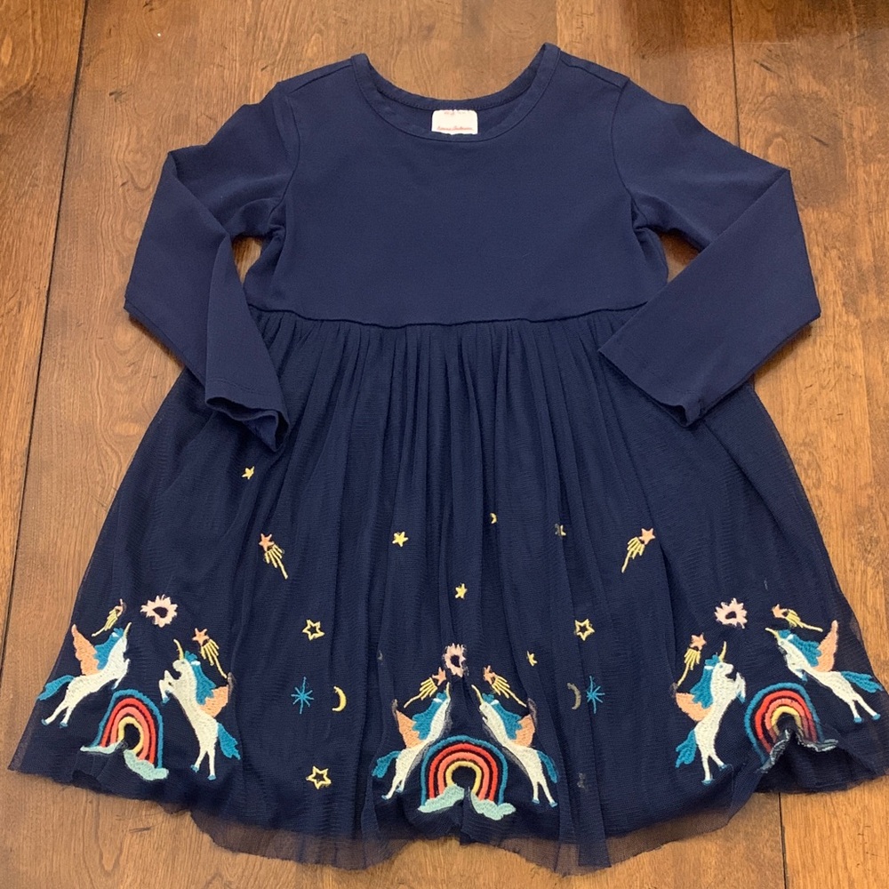 Hanna Andersson Navy Dress with Unicorn and Rainbow Embroidery